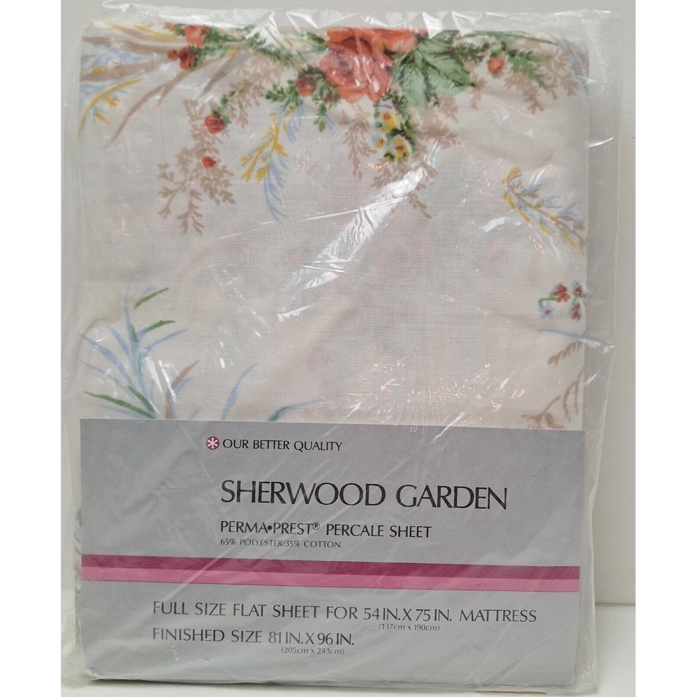 New Sears Sherwood Garden Full Size Flat Sheet Percale Perma Prest Vtg. 1970s